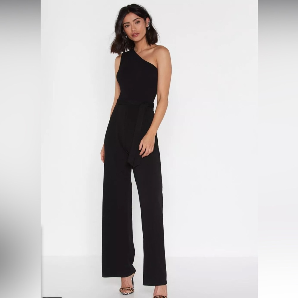 One Shoulder Belted Wide Leg Jumpsuit